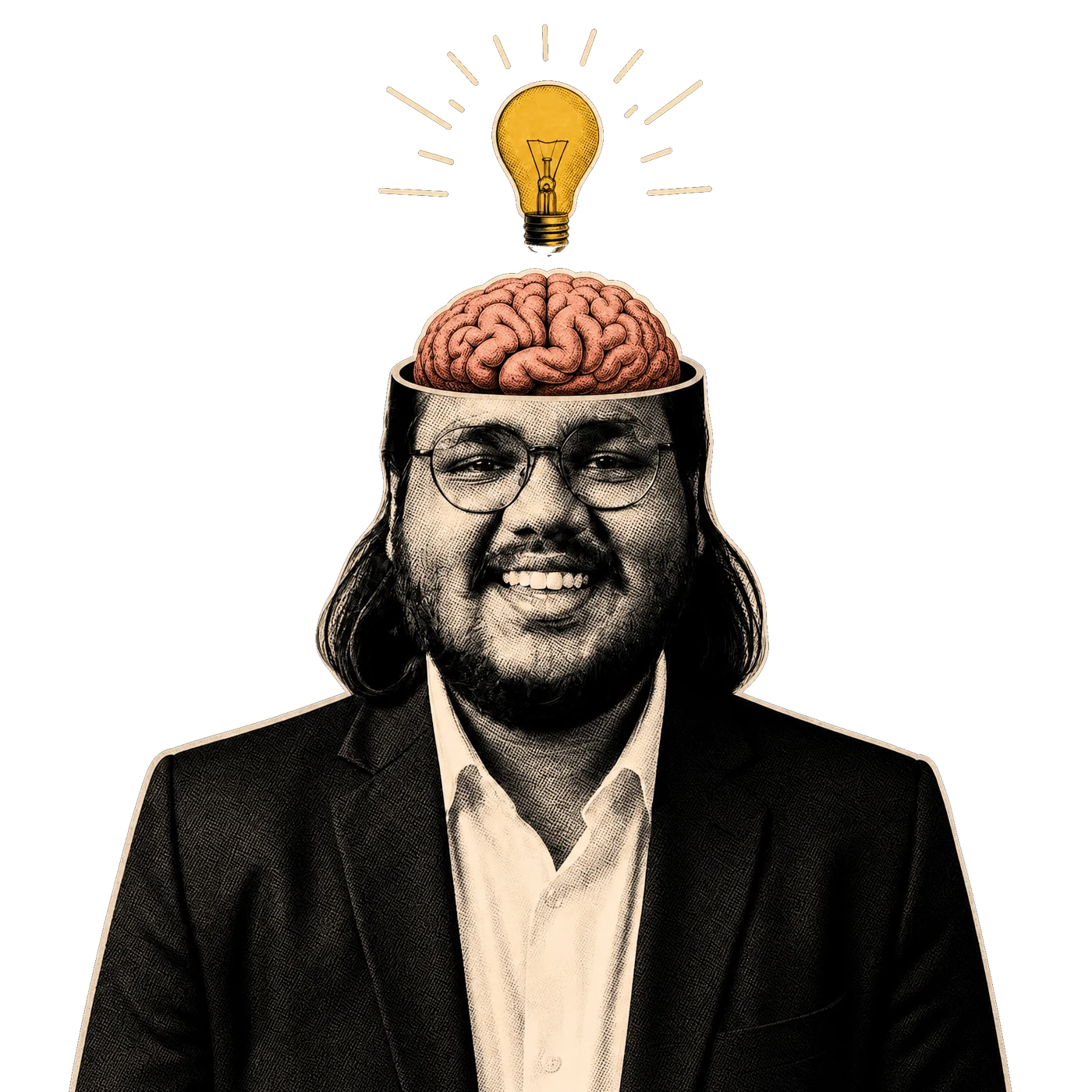 SJ with an open head showing a brain and a glowing idea bulb